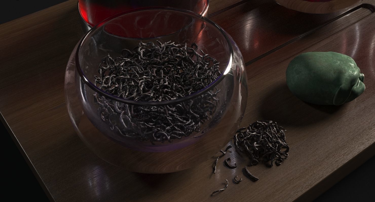 Tea Set pot and glasses on wooden tray 3D model_6