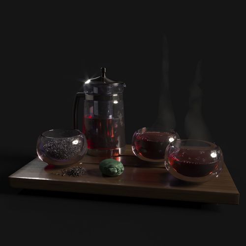 Tea Set pot and glasses on wooden tray 3D model