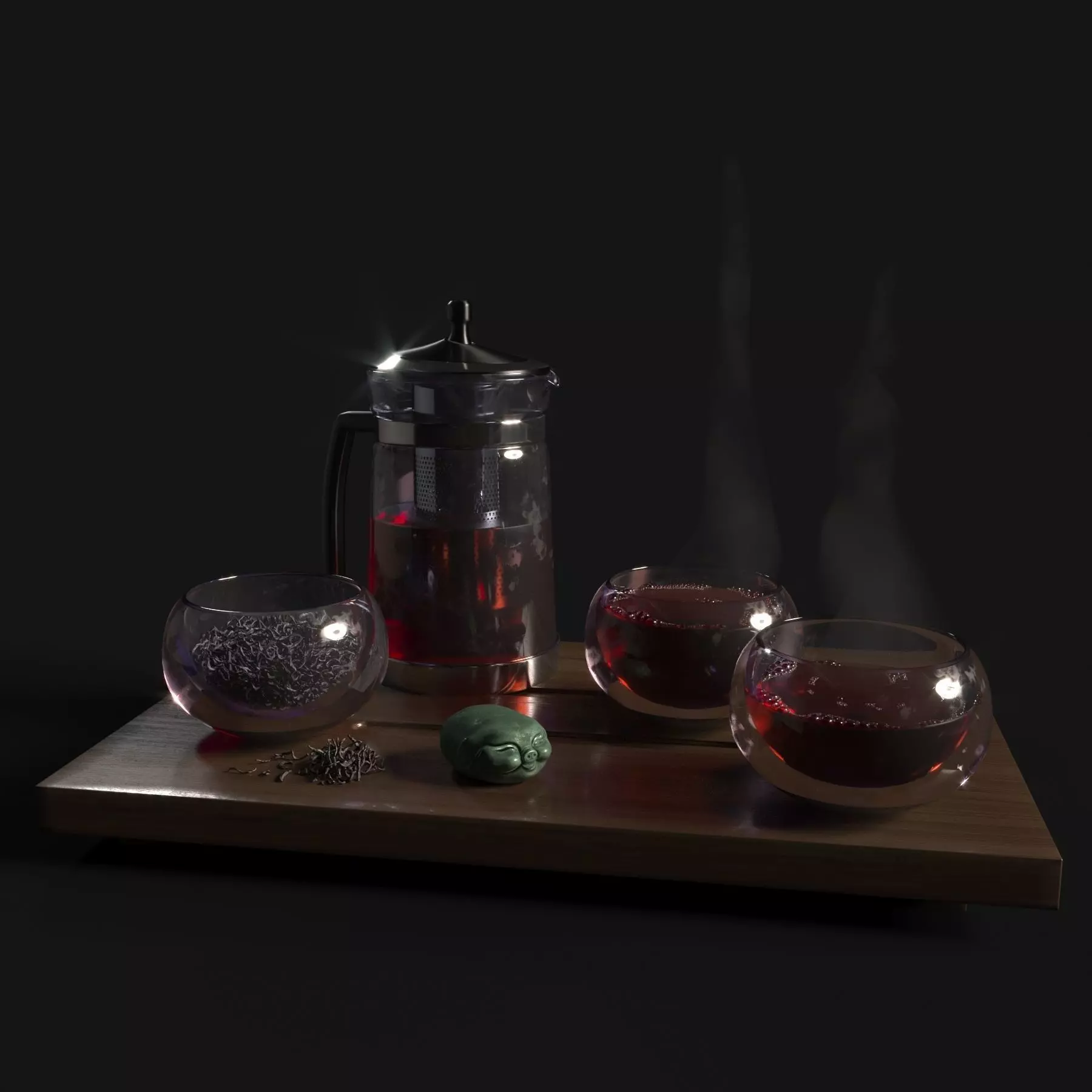 Tea Set pot and glasses on wooden tray 3D model_0