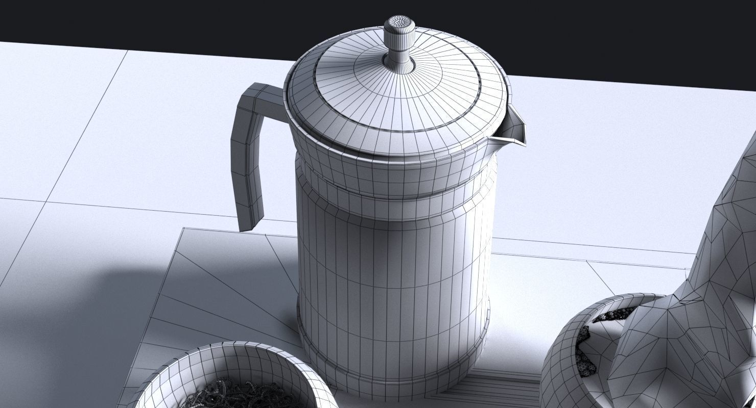 Tea Set pot and glasses on wooden tray 3D model_13