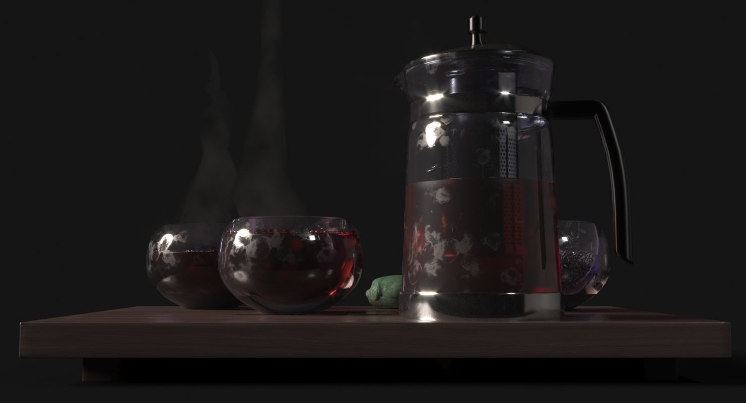 Tea Set pot and glasses on wooden tray 3D model_2