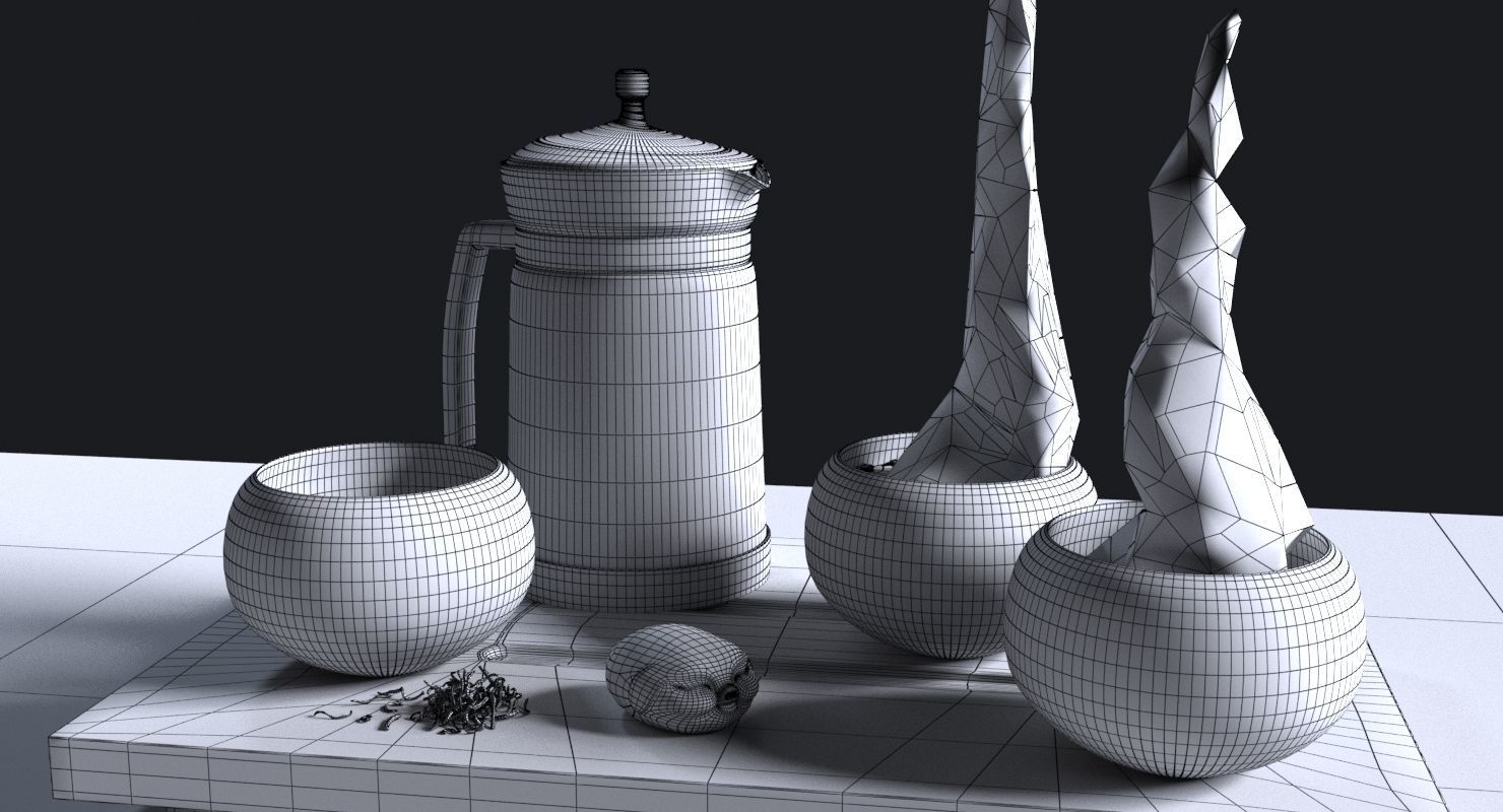 Tea Set pot and glasses on wooden tray 3D model_12