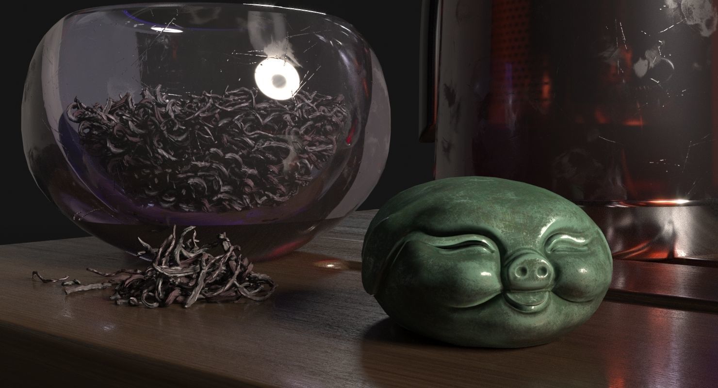 Tea Set pot and glasses on wooden tray 3D model_4