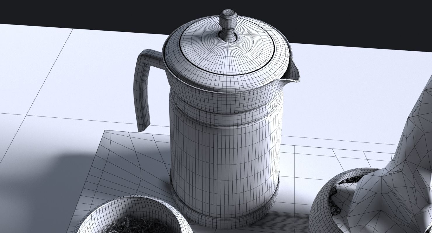 Tea Set pot and glasses on wooden tray 3D model_14