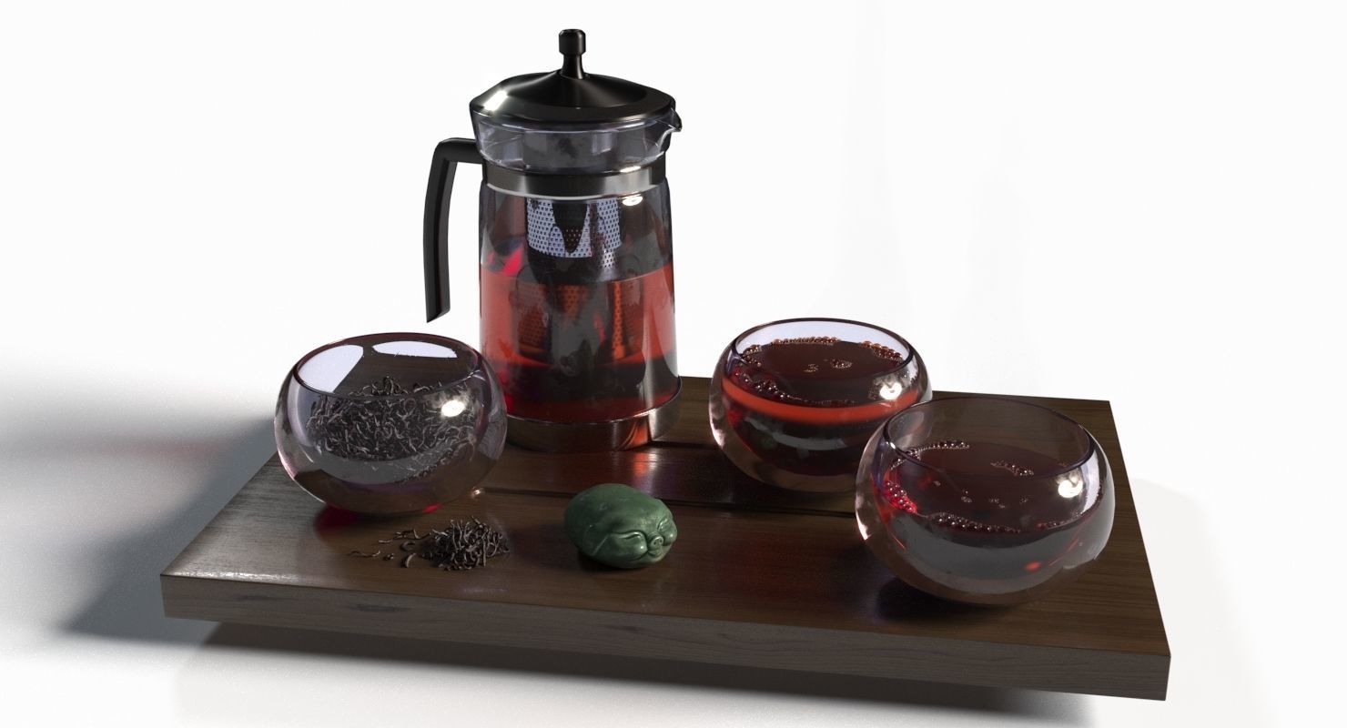 Tea Set pot and glasses on wooden tray 3D model_1