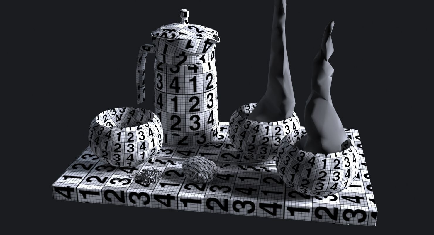 Tea Set pot and glasses on wooden tray 3D model_16