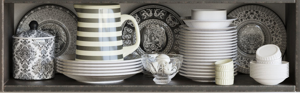 Set-189 bookcase filled with china and silverware 3D model_3