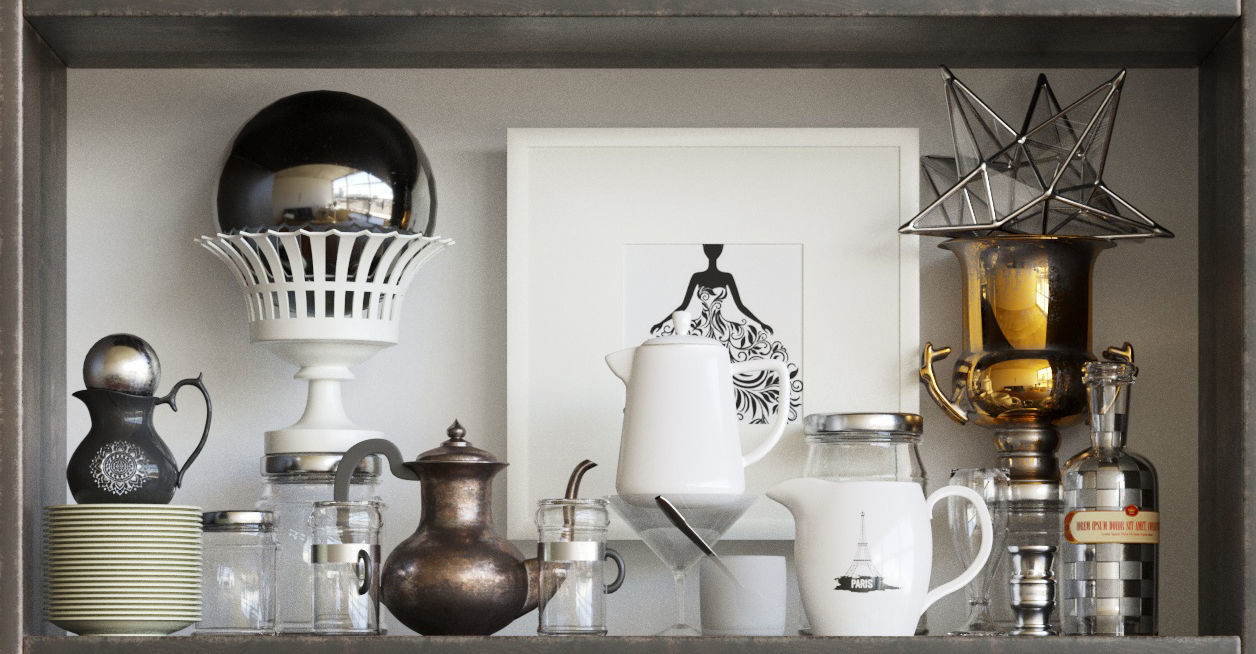 Set-189 bookcase filled with china and silverware 3D model_5