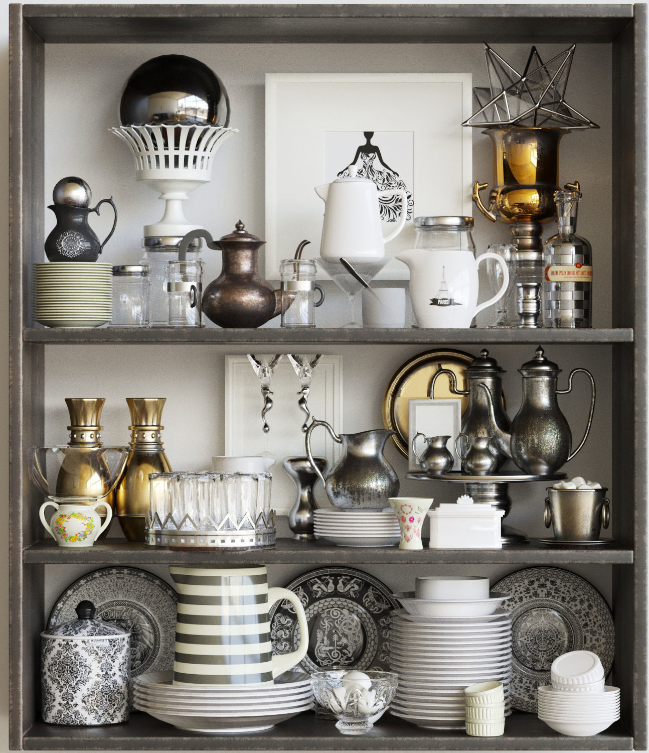 Set-189 bookcase filled with china and silverware 3D model_4