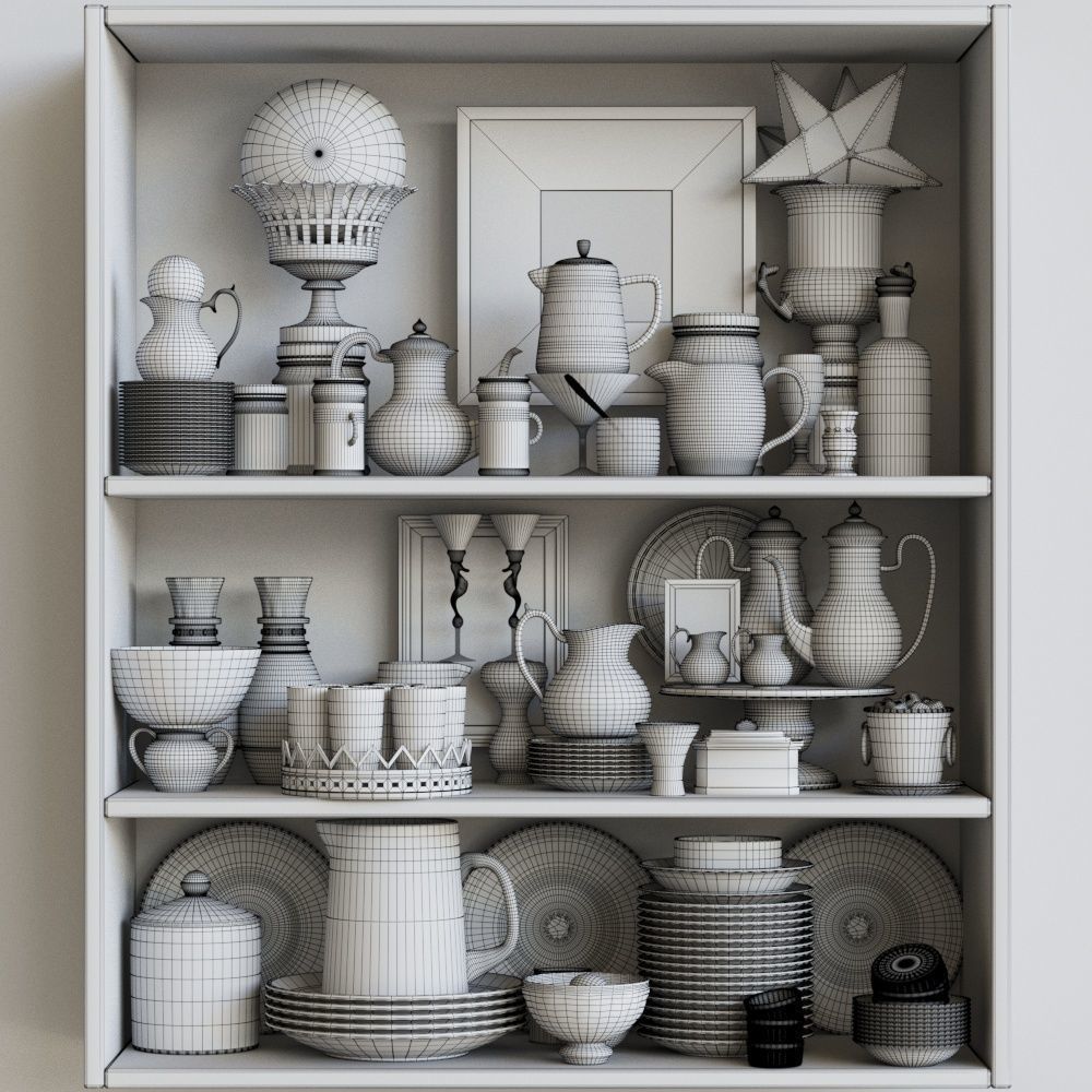Set-189 bookcase filled with china and silverware 3D model_2