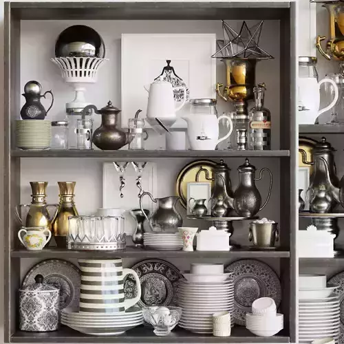 Set-189 bookcase filled with china and silverware