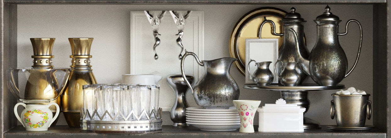 Set-189 bookcase filled with china and silverware 3D model_1