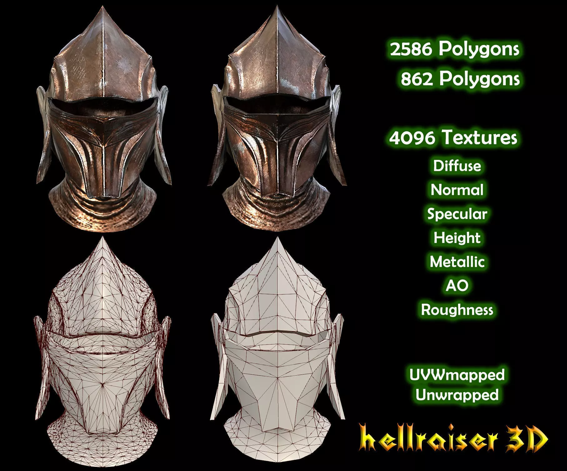 Medieval Helmet - PBR - Textured - 2 Objects Low-poly 3D model_0