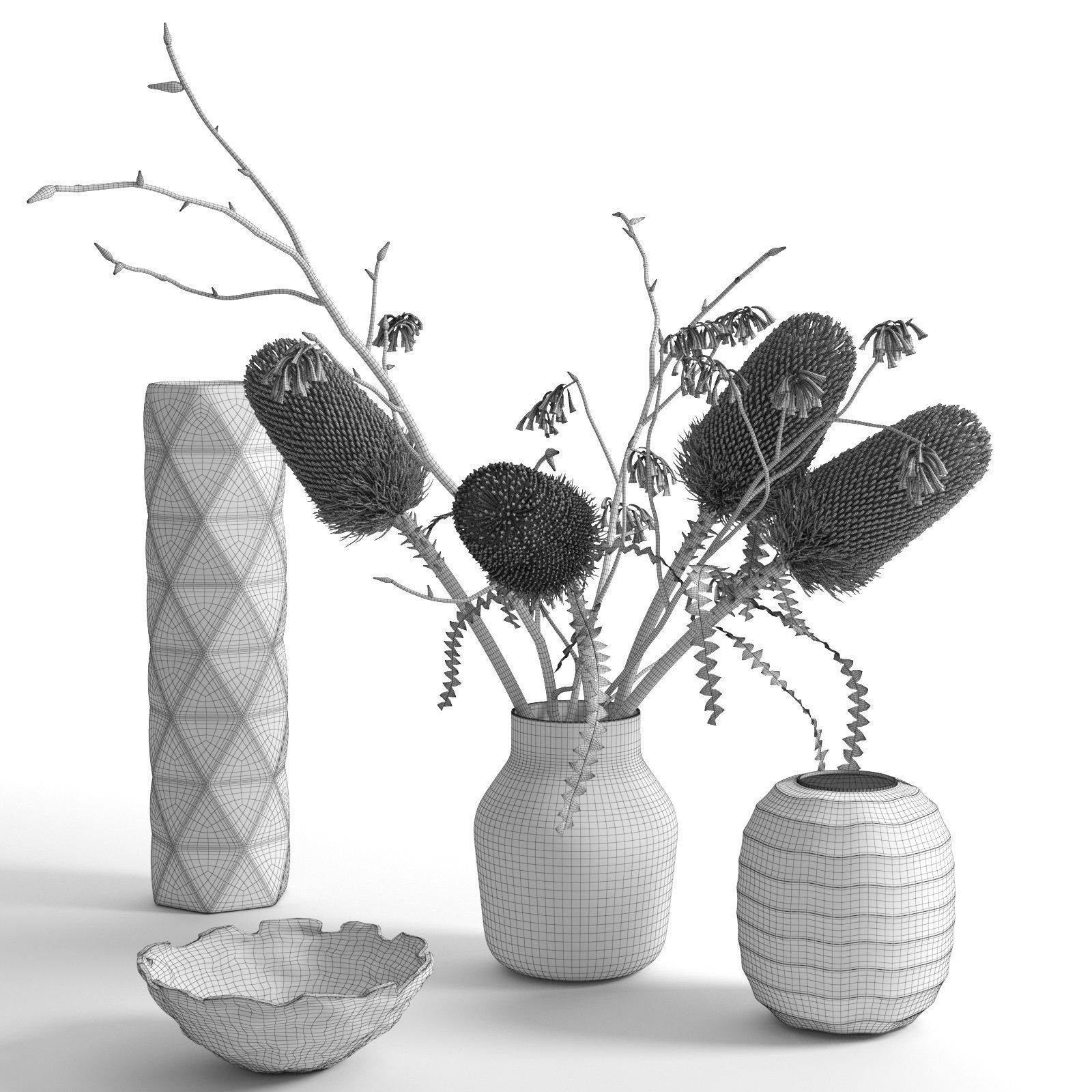 Bowl Vases with Flowers 3D model_3