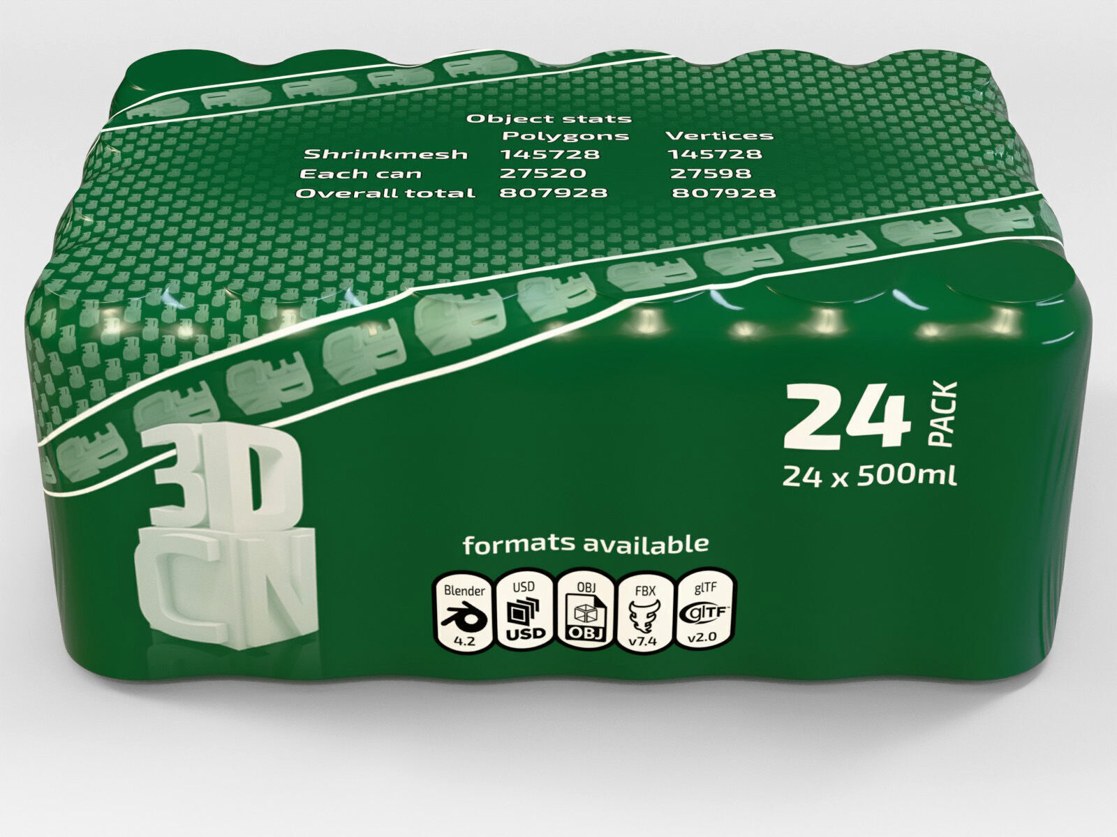 24 pack 500ml plastic shrinkwrapped beverage cans 3D model_2