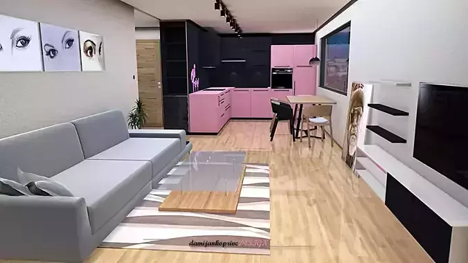 modern kitchen and living room Low-poly 3D model