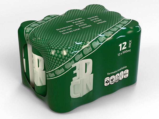 12x 500ml cans in a plastic shrinkwrap 3D model