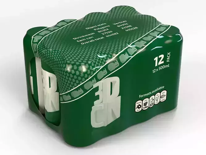 12x 500ml cans in a plastic shrinkwrap 3D model