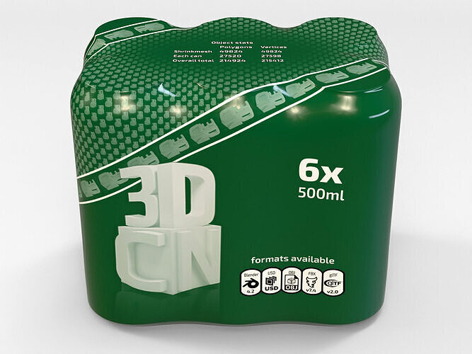 Model of 6x 500ml cans in a plastic shrinkwrap 3D model 3