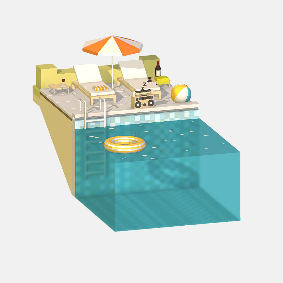 summer Relax by the pool on the sun loungers Low-poly 3D model_3