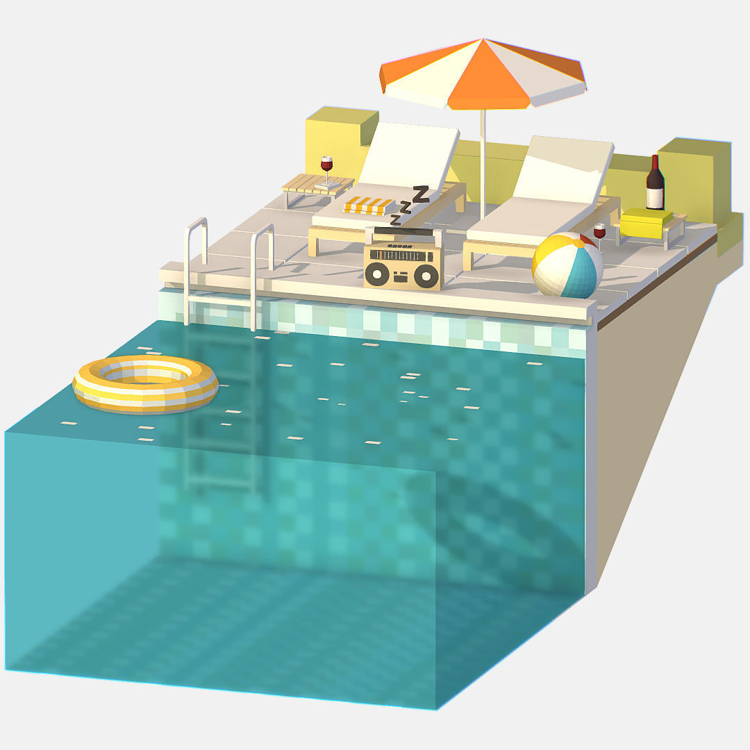 summer Relax by the pool on the sun loungers Low-poly 3D model_15