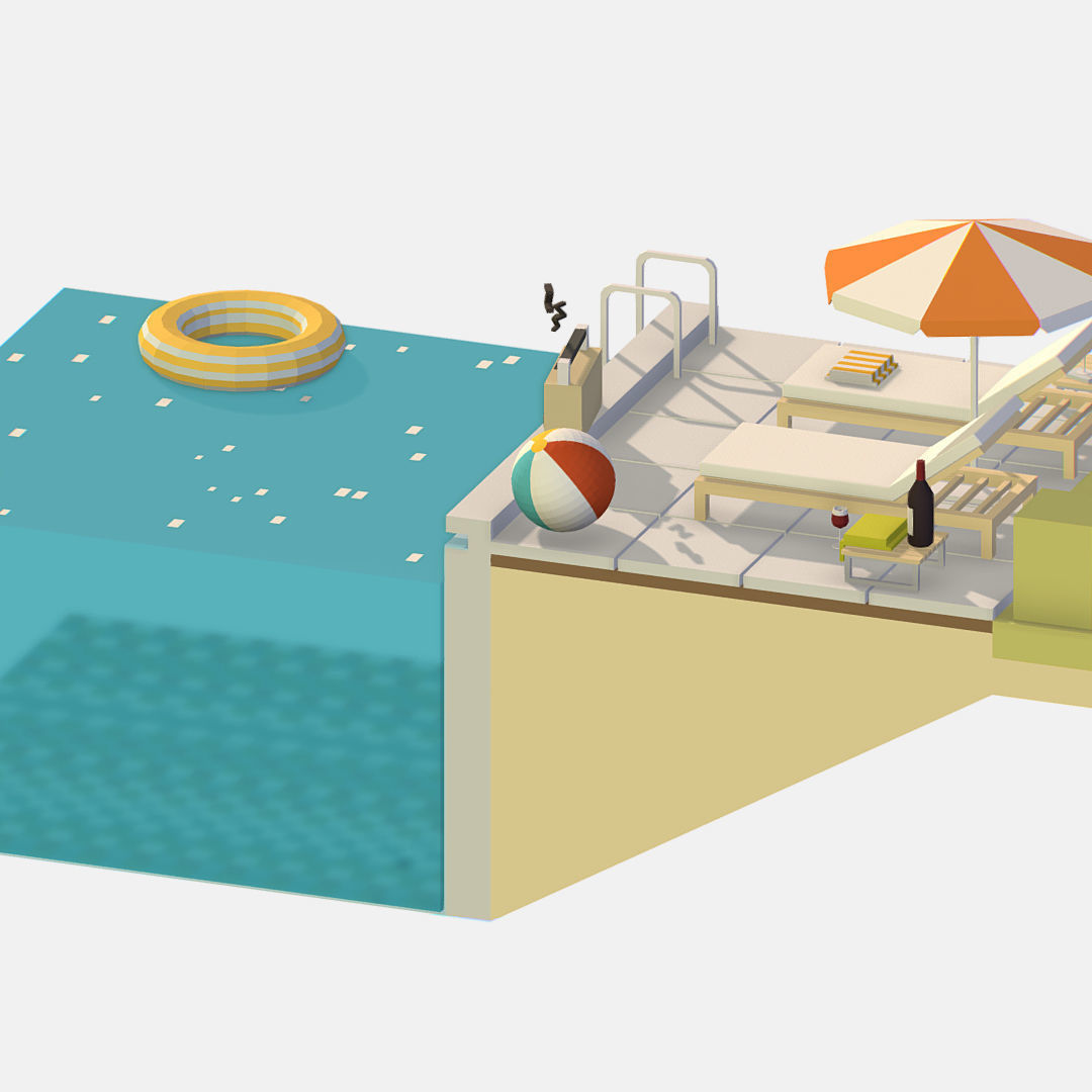 summer Relax by the pool on the sun loungers Low-poly 3D model_7
