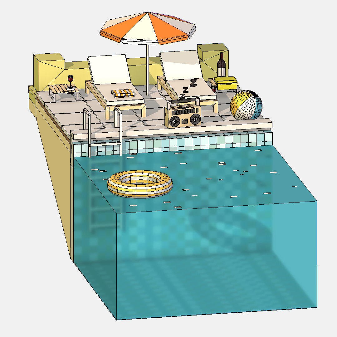 summer Relax by the pool on the sun loungers Low-poly 3D model_17