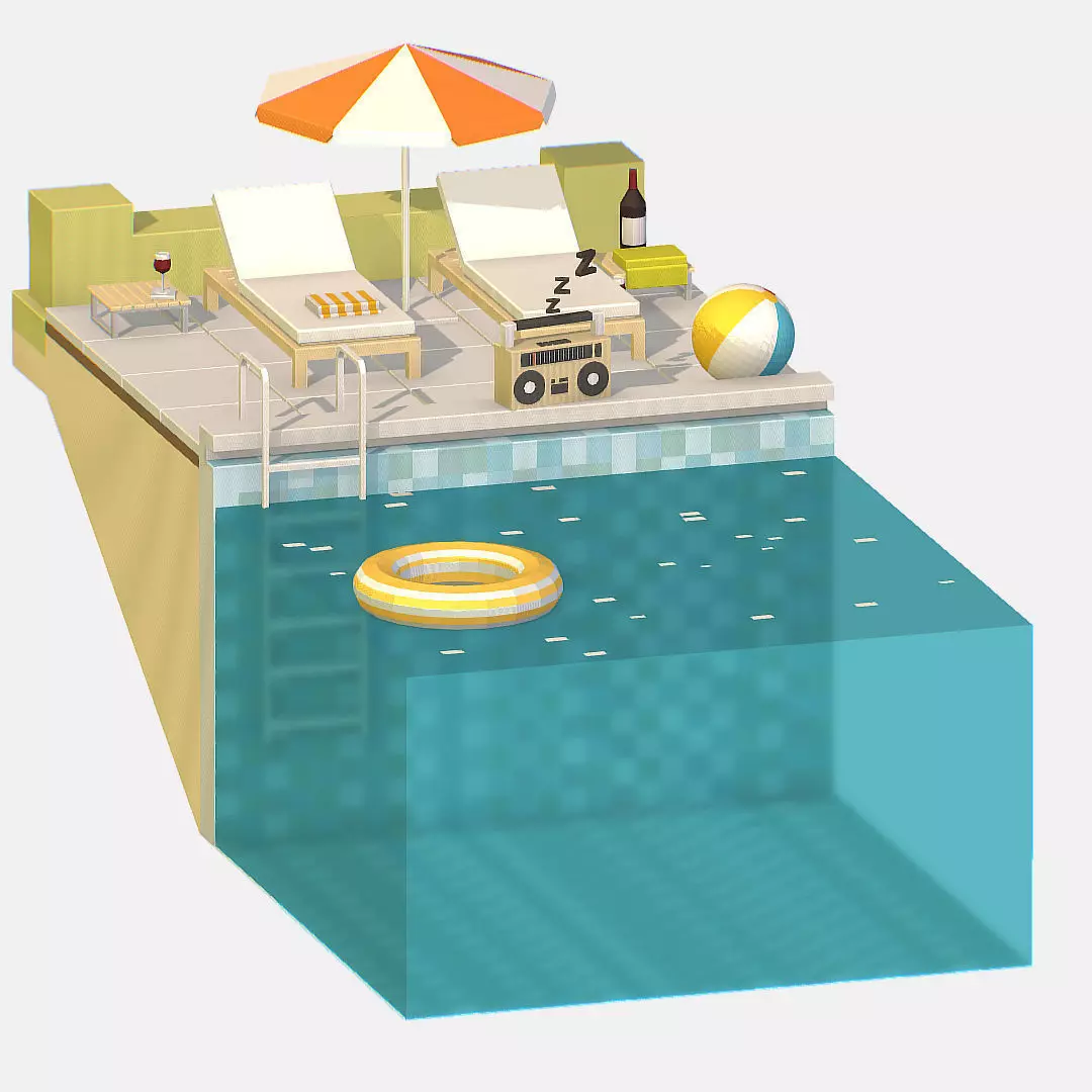 summer Relax by the pool on the sun loungers Low-poly 3D model_0