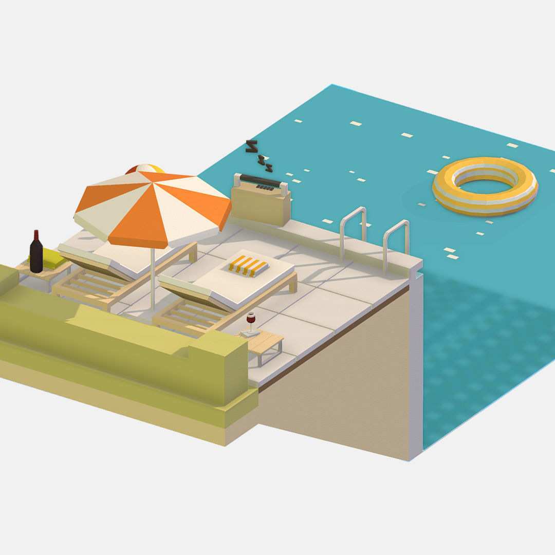 summer Relax by the pool on the sun loungers Low-poly 3D model_13