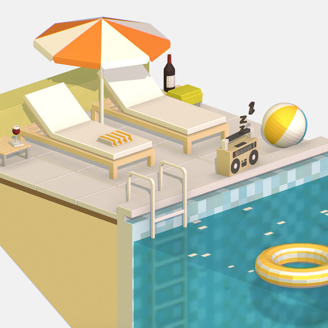 summer Relax by the pool on the sun loungers Low-poly 3D model_12