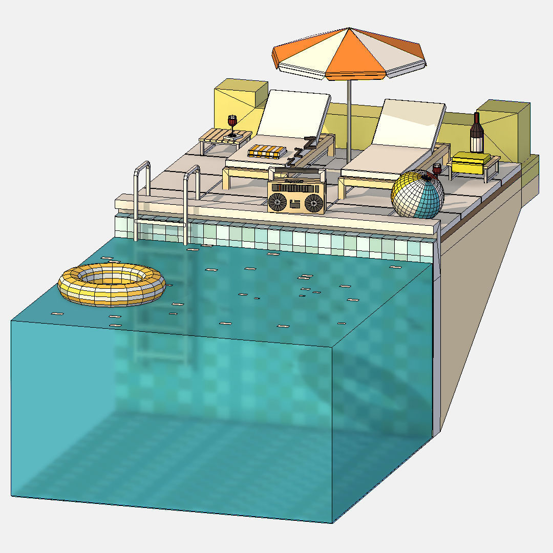 summer Relax by the pool on the sun loungers Low-poly 3D model_16
