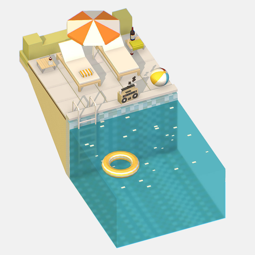 summer Relax by the pool on the sun loungers Low-poly 3D model_5