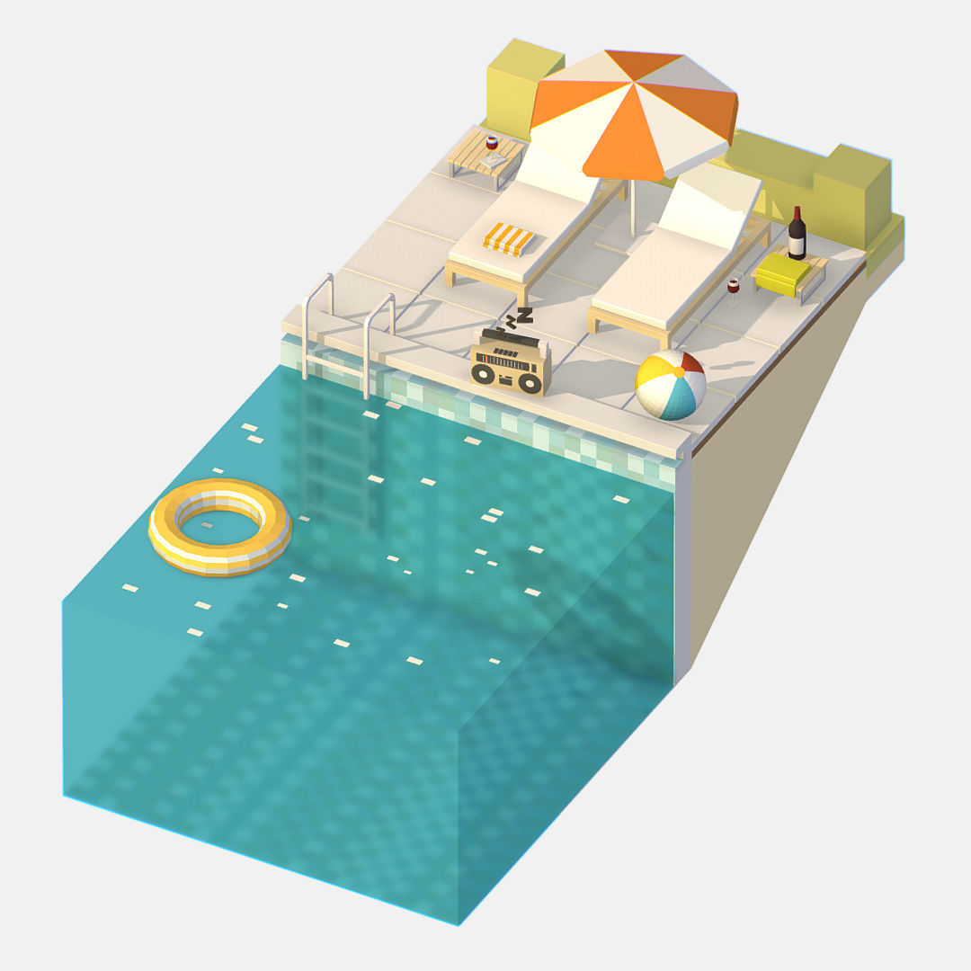 summer Relax by the pool on the sun loungers Low-poly 3D model_2