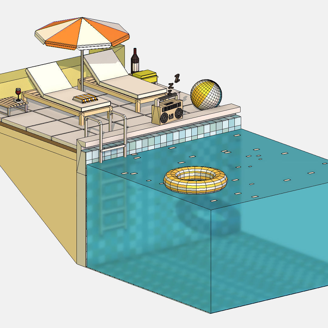 summer Relax by the pool on the sun loungers Low-poly 3D model_18