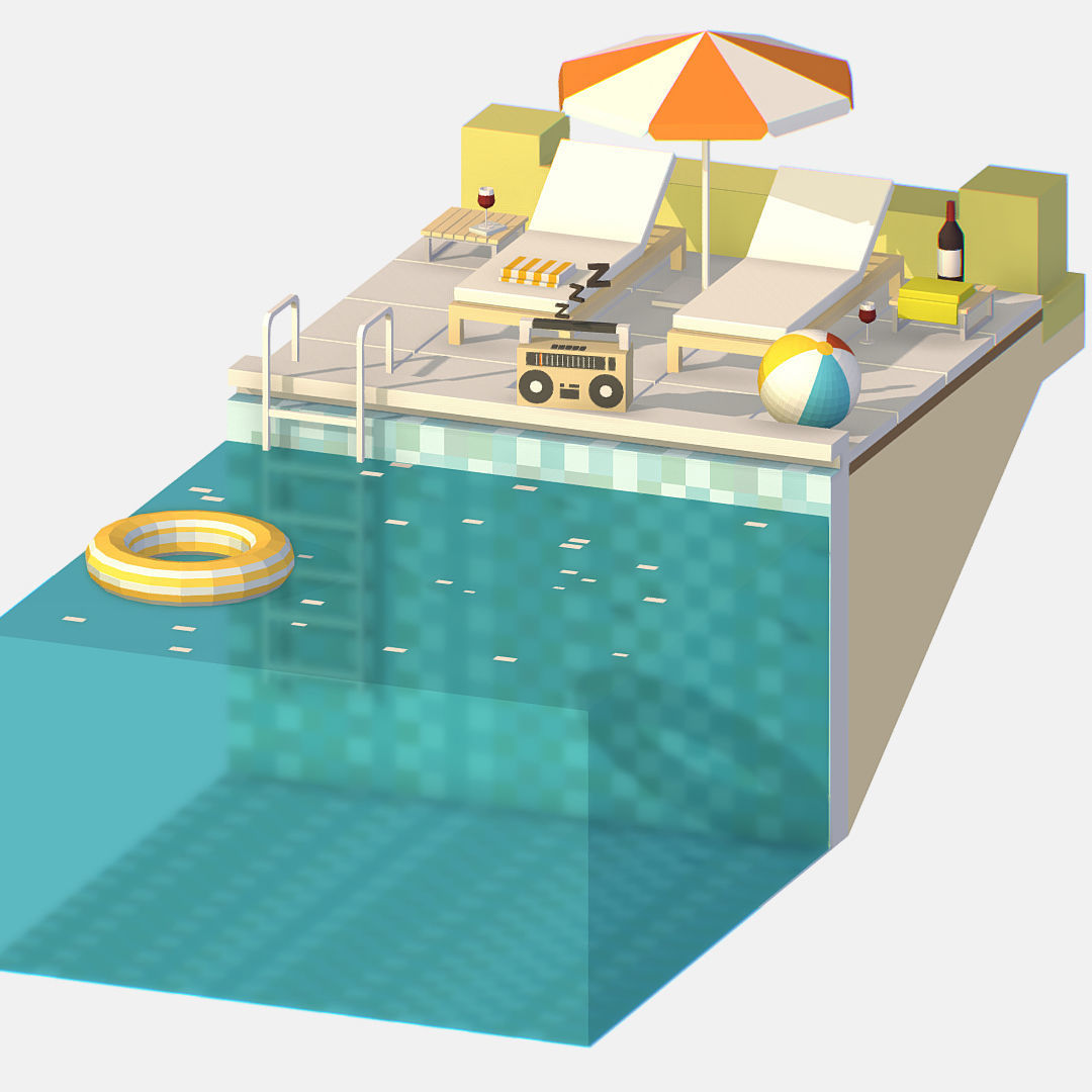 summer Relax by the pool on the sun loungers Low-poly 3D model_4