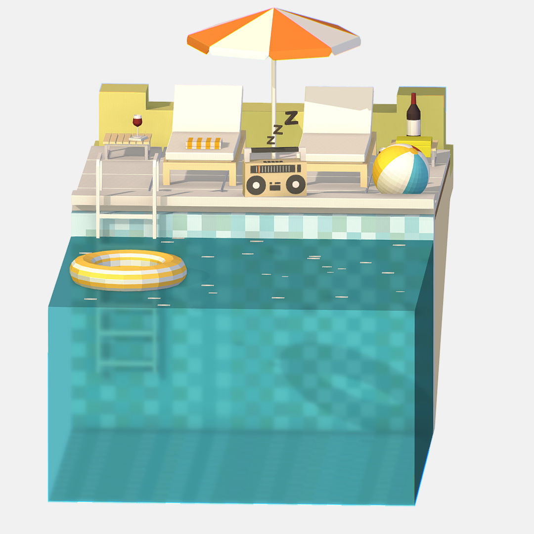 summer Relax by the pool on the sun loungers Low-poly 3D model_10