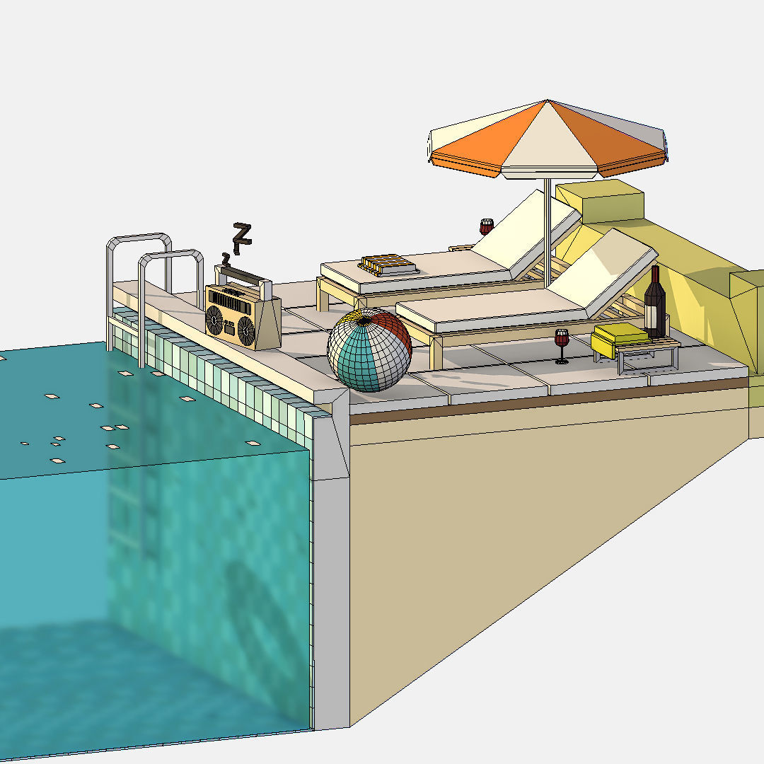 summer Relax by the pool on the sun loungers Low-poly 3D model_19