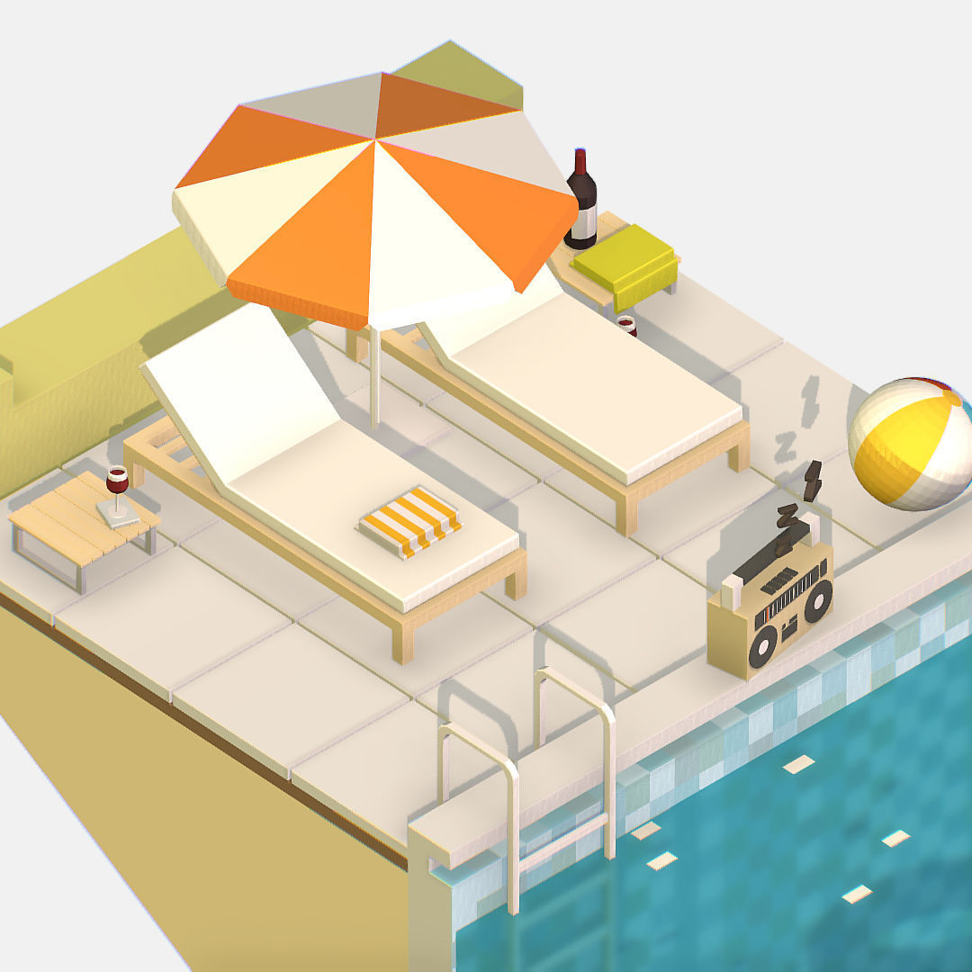 summer Relax by the pool on the sun loungers Low-poly 3D model_11