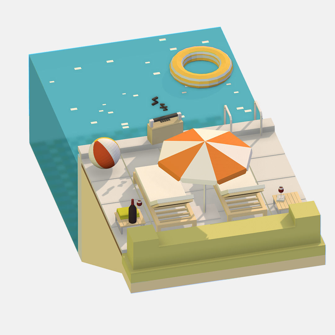 summer Relax by the pool on the sun loungers Low-poly 3D model_9