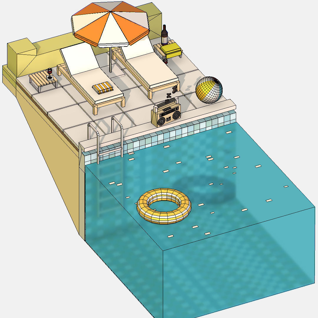 summer Relax by the pool on the sun loungers Low-poly 3D model_21