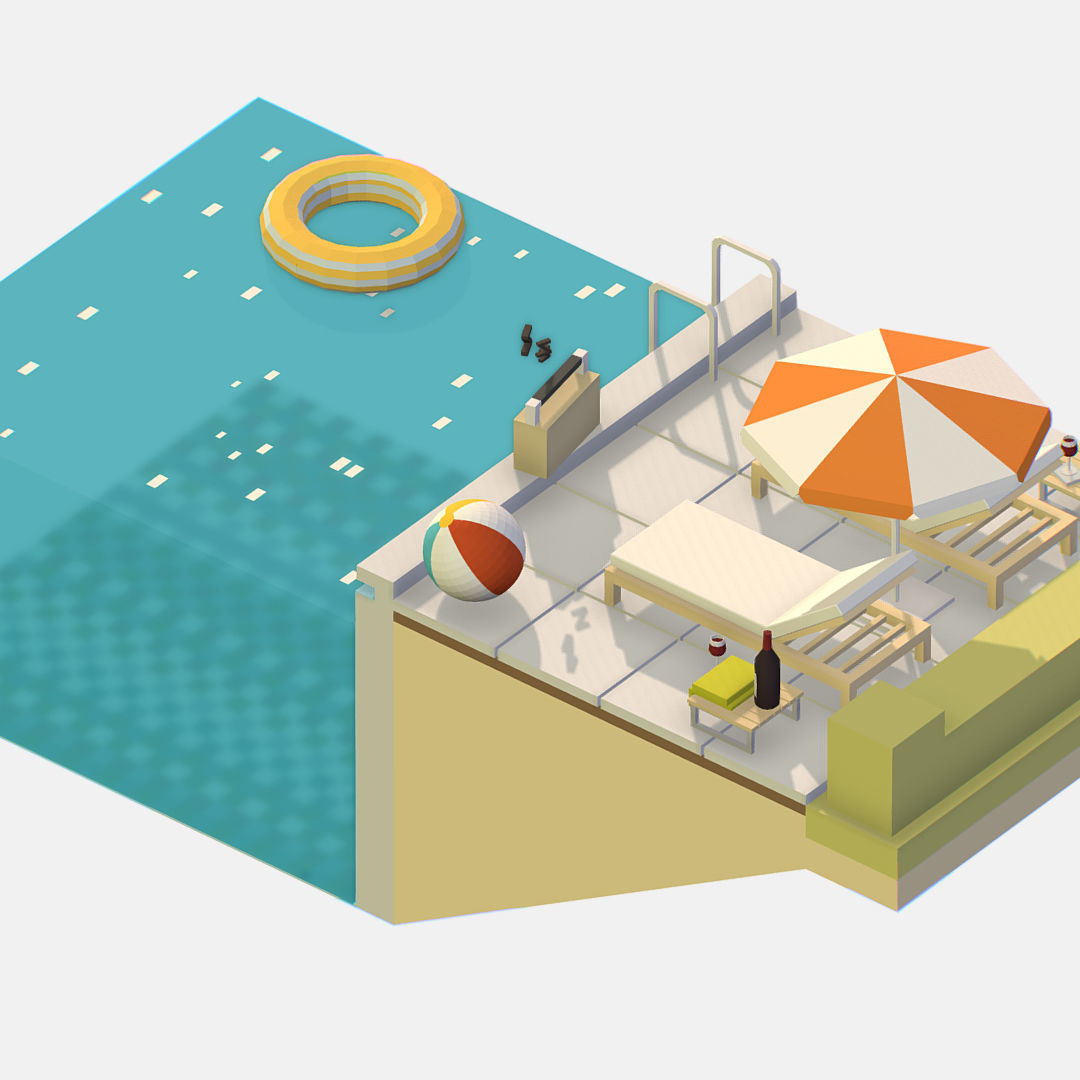 summer Relax by the pool on the sun loungers Low-poly 3D model_8