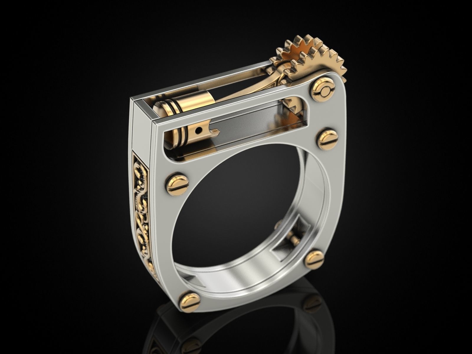 Ring with piston and patterns 3D print model_4
