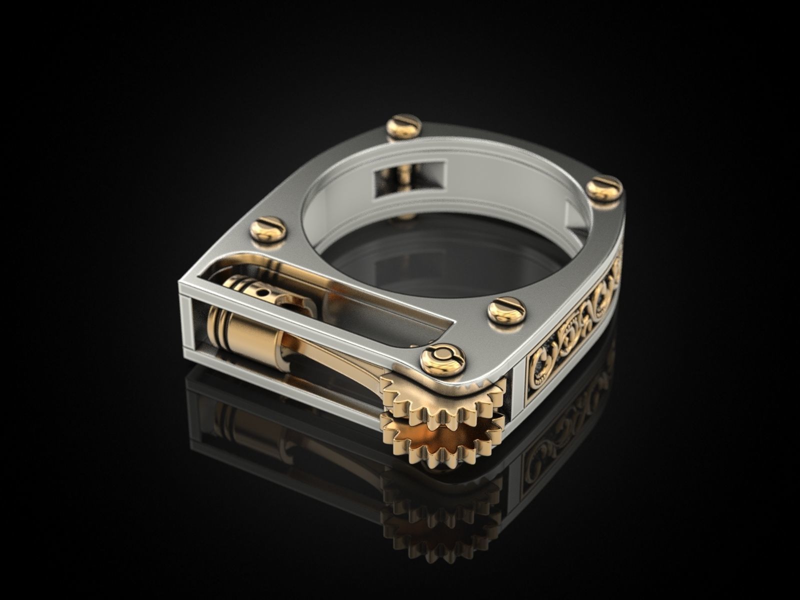 Ring with piston and patterns 3D print model_8