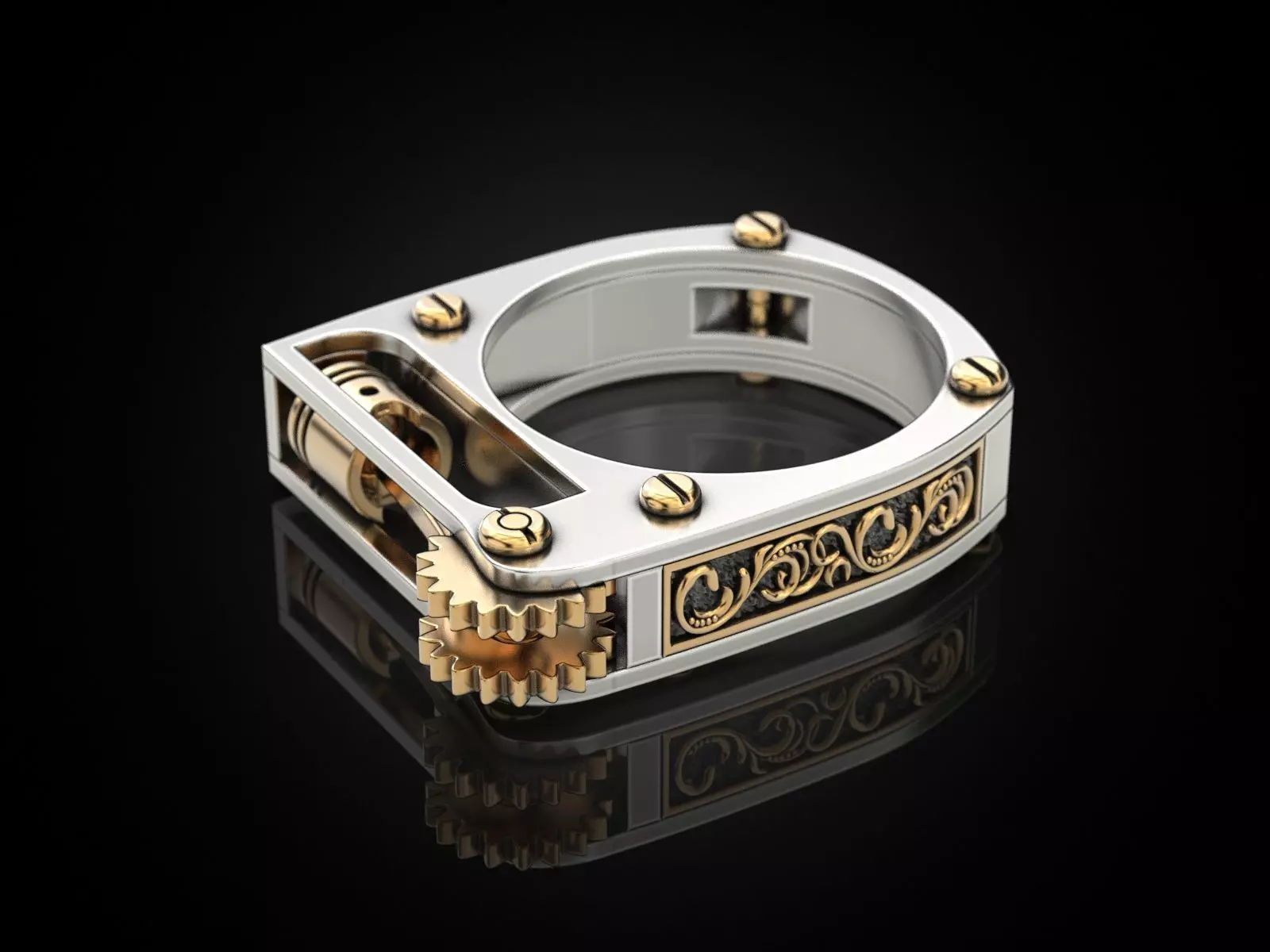Ring with piston and patterns 3D print model_0