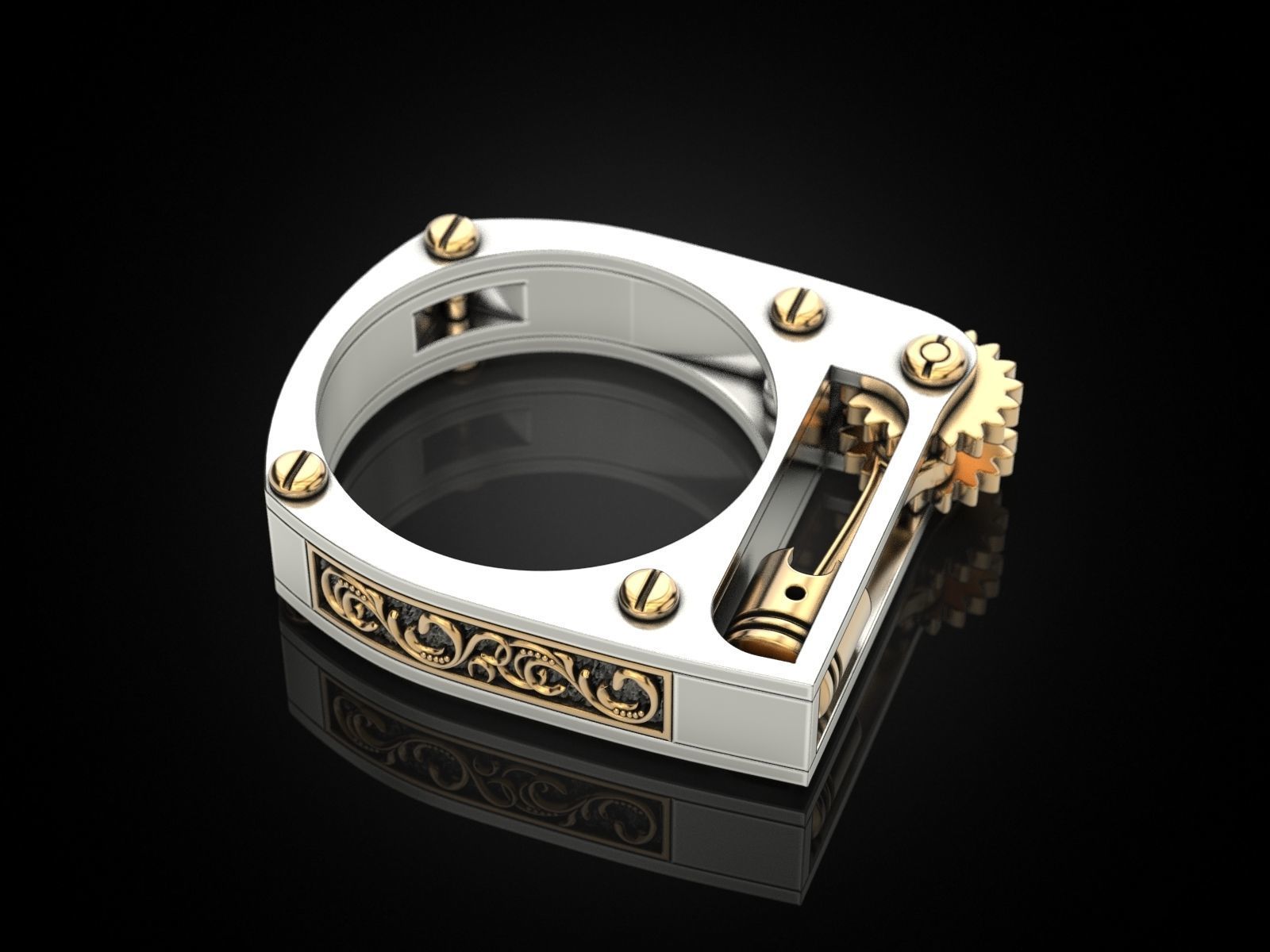 Ring with piston and patterns 3D print model_10