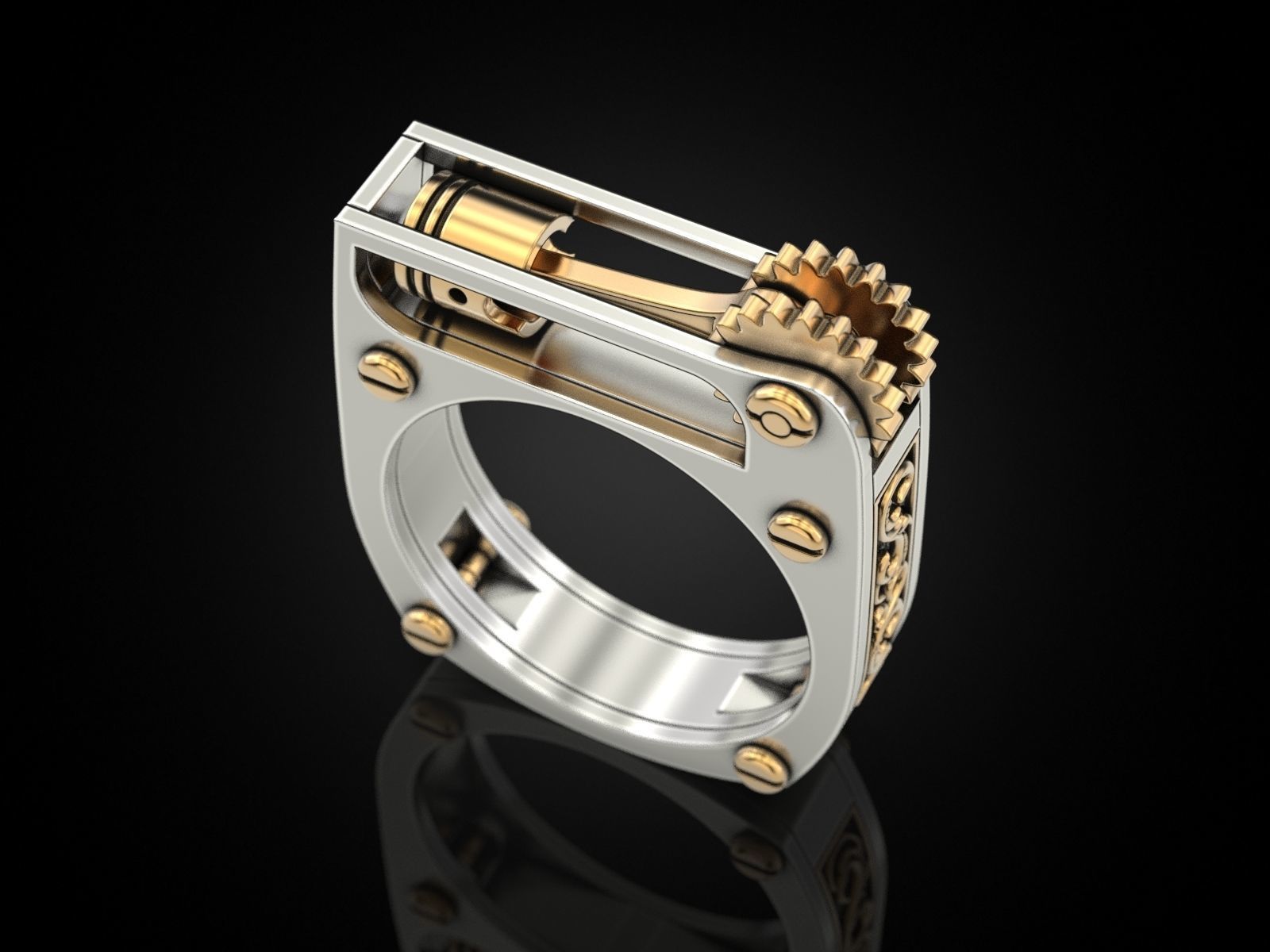 Ring with piston and patterns 3D print model_5