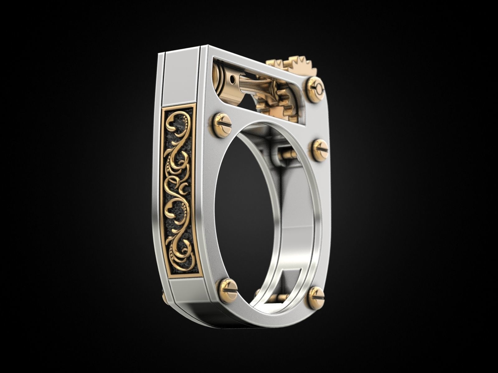 Ring with piston and patterns 3D print model_3