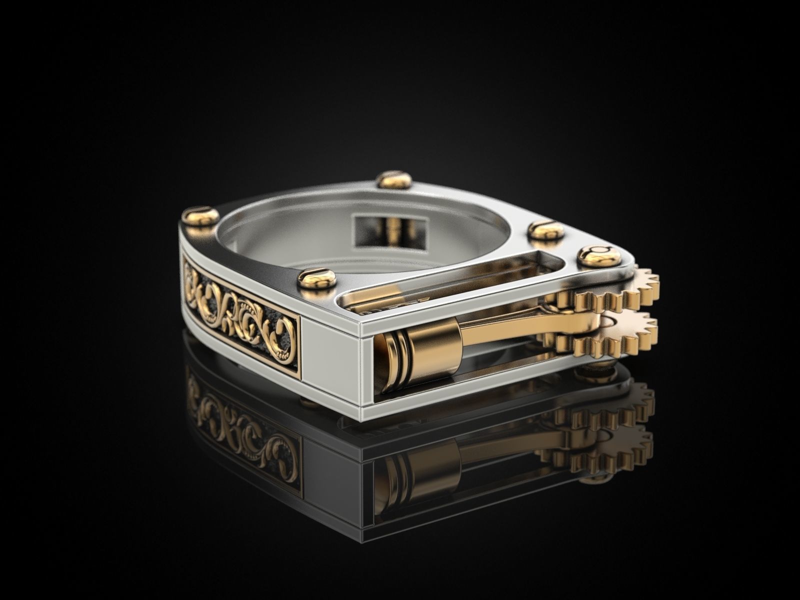 Ring with piston and patterns 3D print model_7