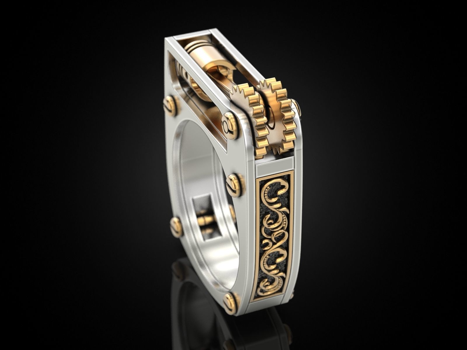 Ring with piston and patterns 3D print model_2