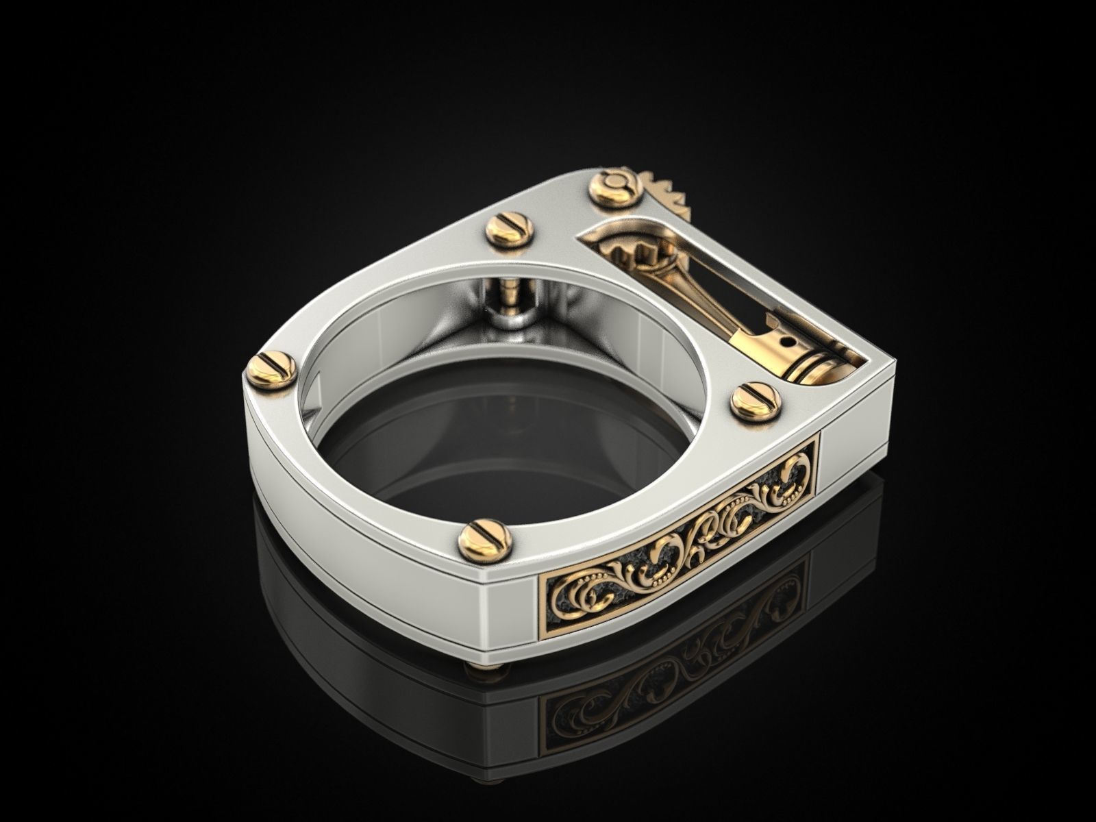 Ring with piston and patterns 3D print model_9